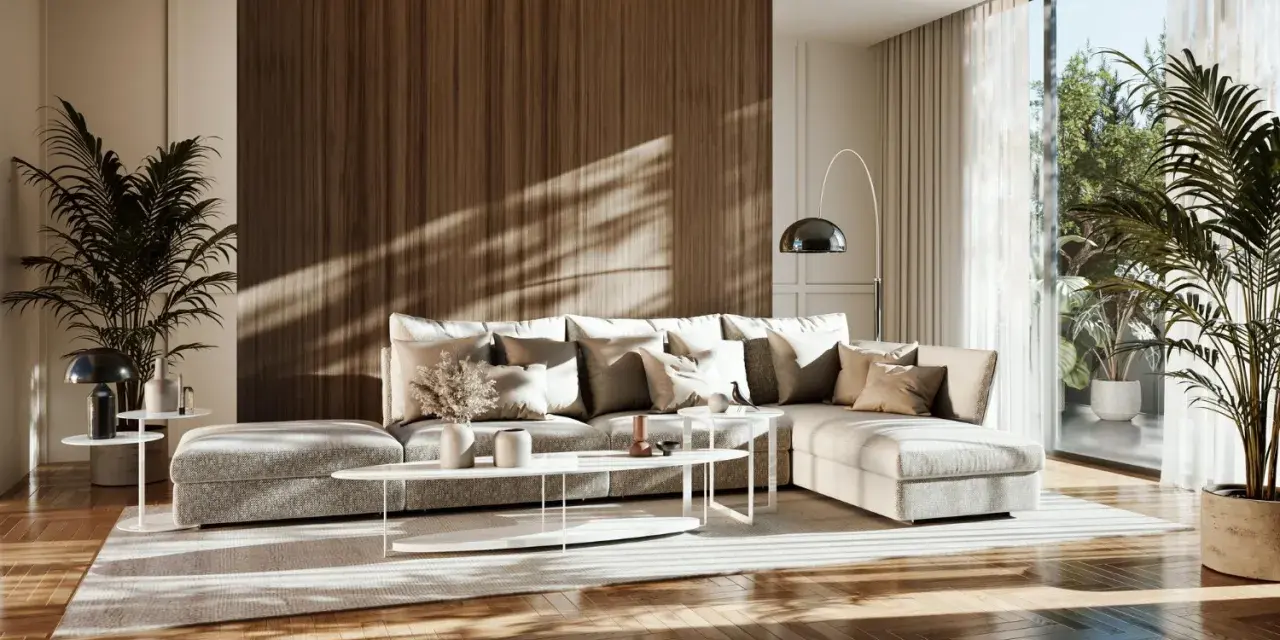 Przytulny salon w stylu japandi z dużą, wygodną kanapą, drewnianą ścianą i roślinami.