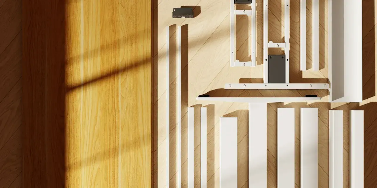Tablero de madera y piezas blancas para hacer escritorio.