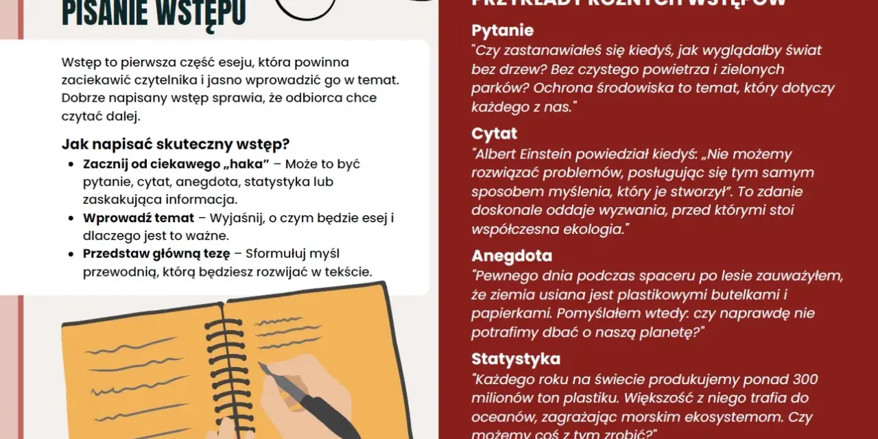 Jak napisać esej: porady dotyczące pisania wstępu, przykłady pytań, cytatów, anegdot i statystyk.
