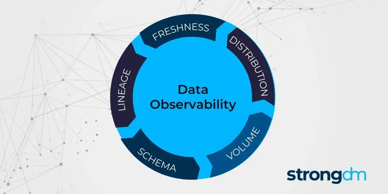 Diagram illustrating Data Observability with key components: Freshness, Distribution, Volume, Schema, and Lineage. This app metadata helps understand data health.