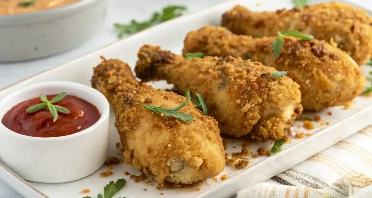 Plaisir croustillant : quatre pilons de poulet air fryer dorés, servis avec une sauce tomate et des herbes fraîches.