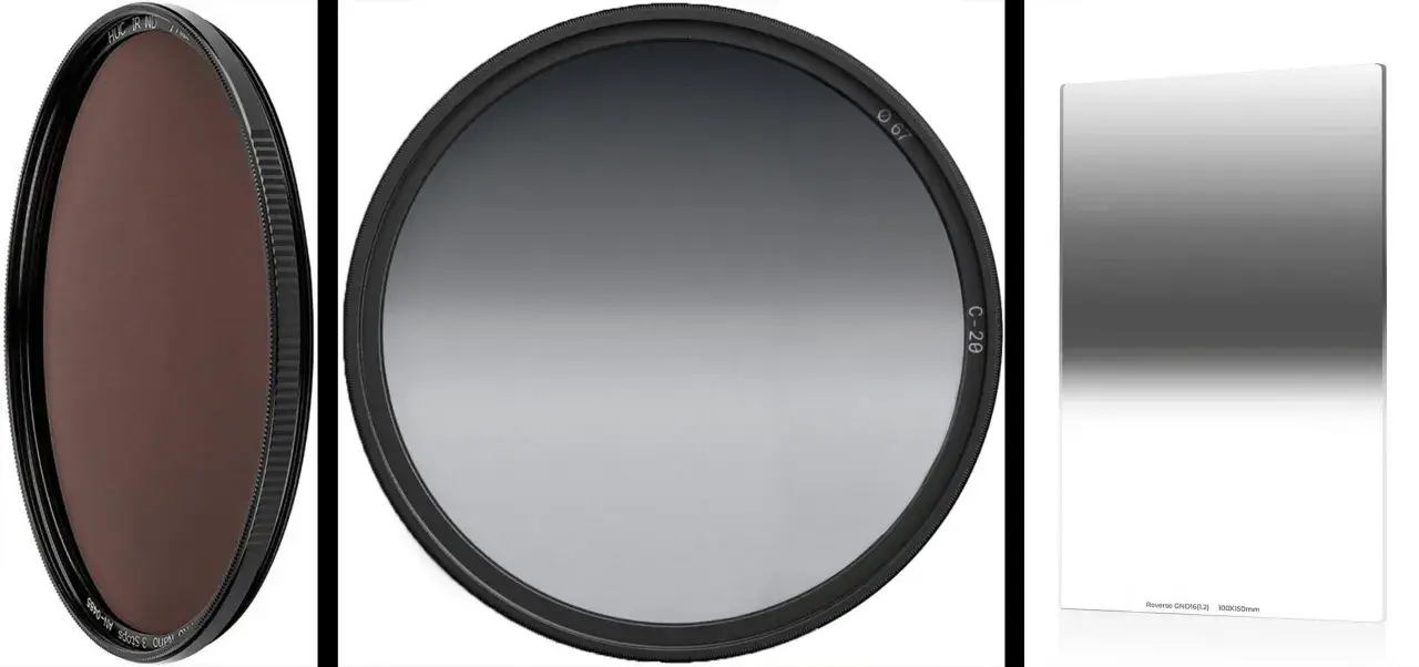 Trois filtres photo : un rond brun, un rond dégradé gris, et un carré dégradé gris. Un filtre nd pour des ciels parfaits.