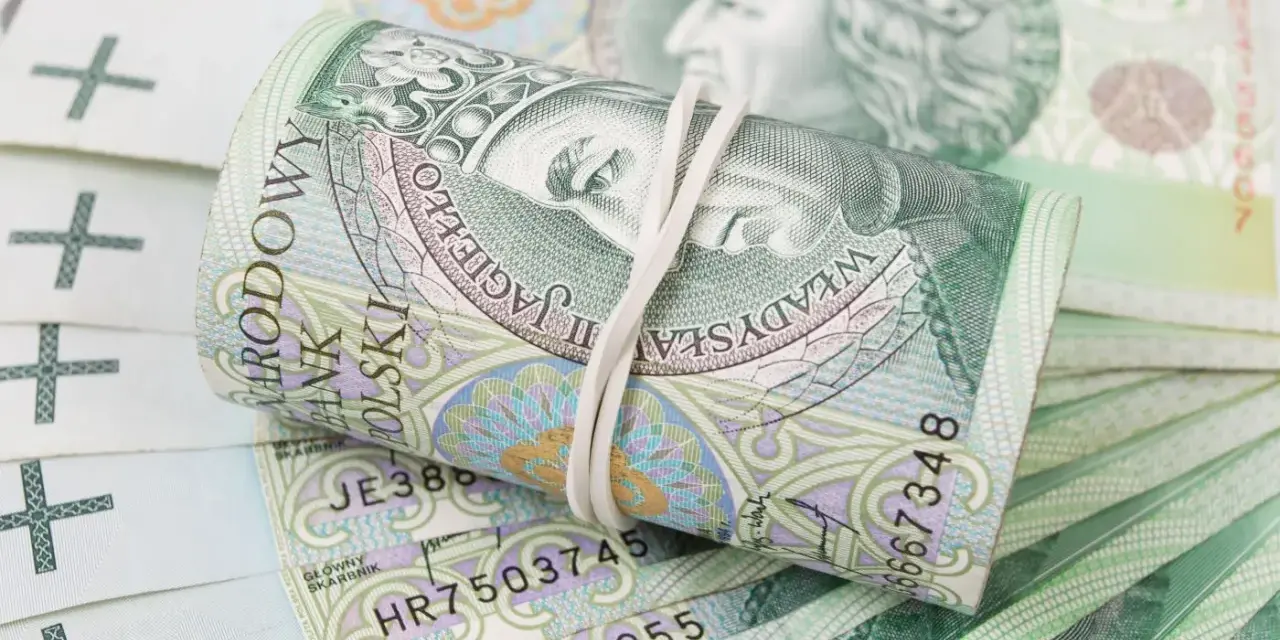 Zwijane banknoty 100 zł, symbolizujące ile procent dochodu na alimenty.