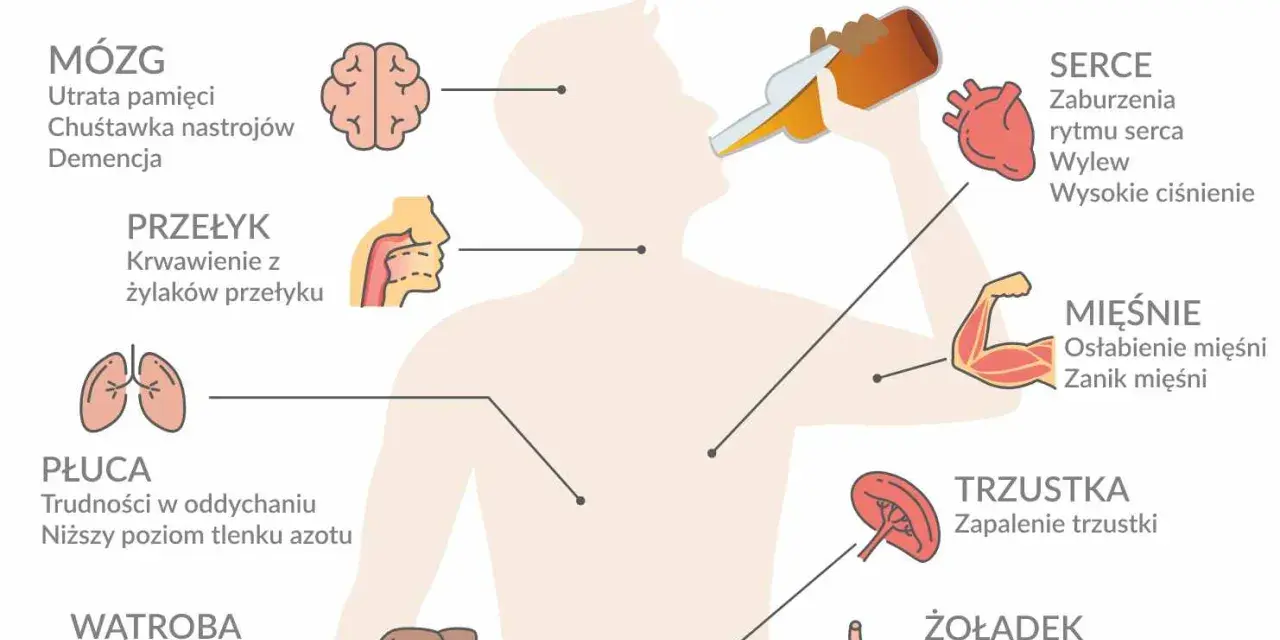 Ilustracja pokazuje skutki alkoholizmu, m.in. problemy z mózgiem, sercem, wątrobą, płucami, żołądkiem, trzustką i mięśniami, zgodne z klasyfikacją ICD 10.