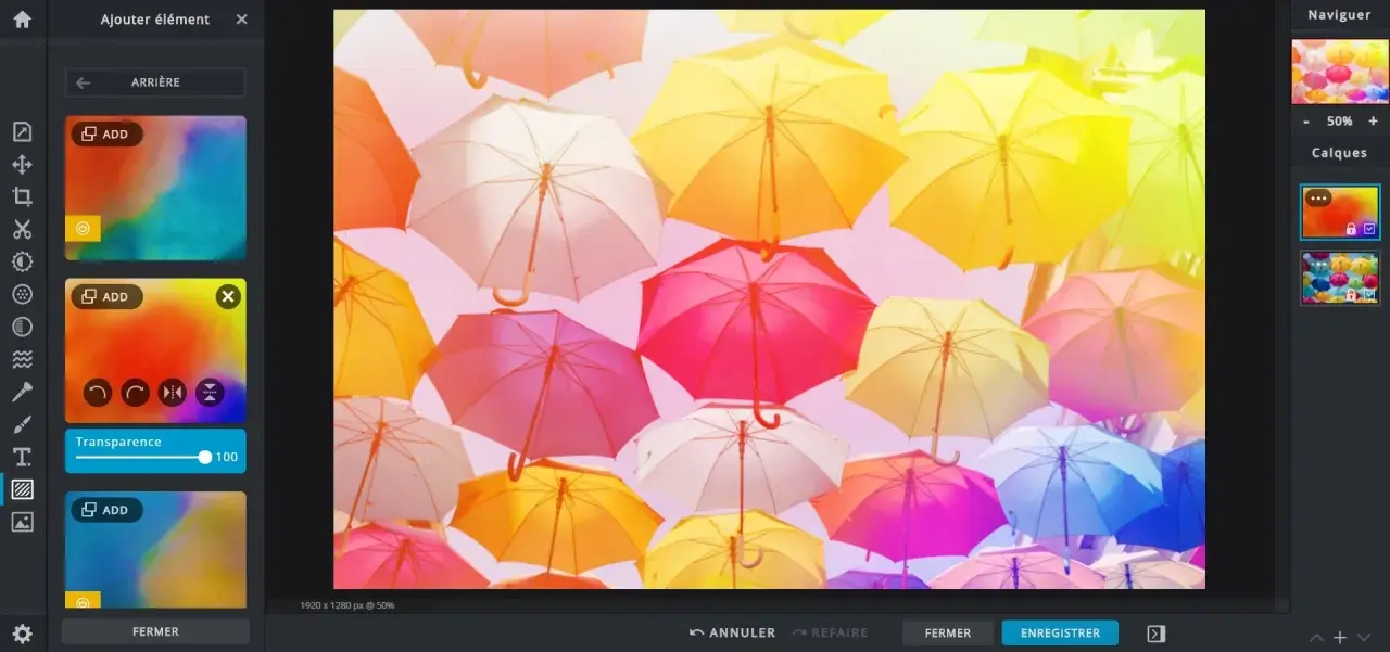 Un ciel rempli de parapluies colorés, comme dans un rêve Pxlr. L'interface d'édition montre des options pour ajouter des éléments et ajuster la transparence.