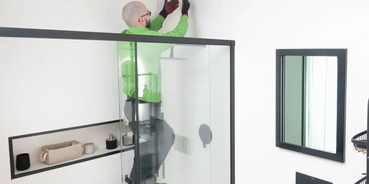 Hombre instala extractor baño en el techo.