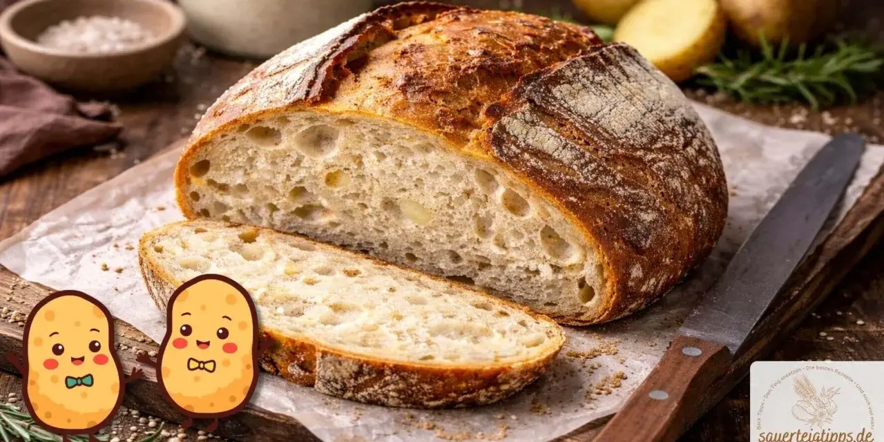 Ein rustikales **Kartoffelbrot mit Sauerteig**, frisch angeschnitten, mit knuspriger Kruste und weicher Krume. Zwei niedliche Kartoffel-Figuren schauen neugierig zu.