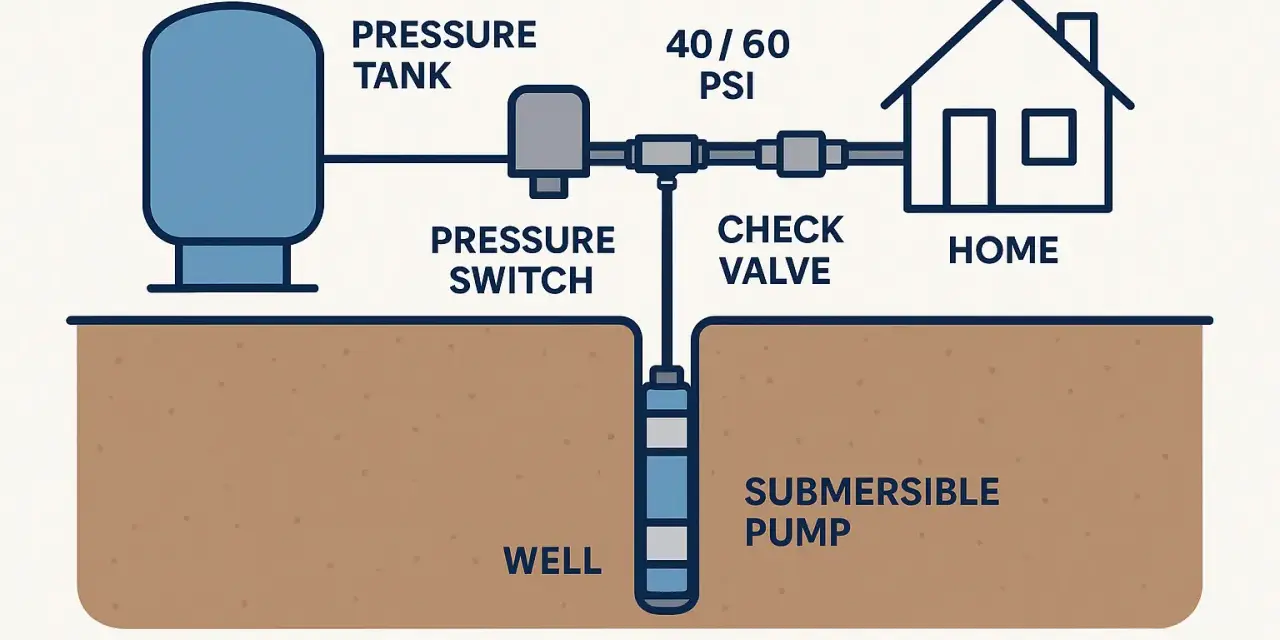 Diagram illustrating a well pump installation, showing a submersible pump in a well connected to a pressure tank, pressure switch, check valve, and a home.