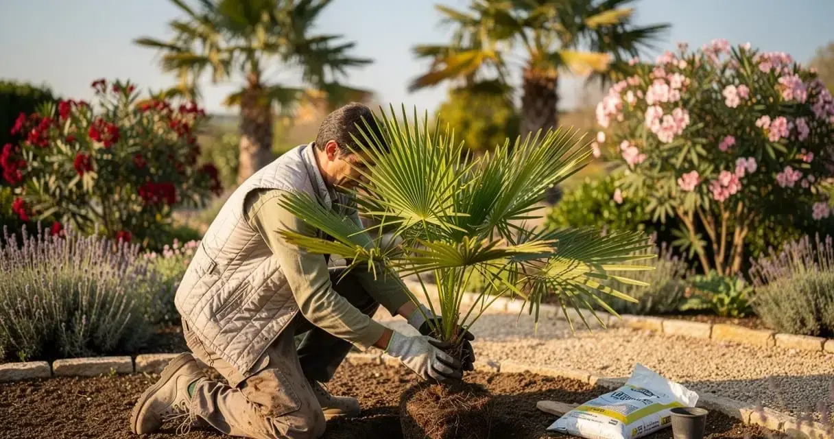 Un jardinier plante un jeune palmier, ajoutant une touche tropicale à son projet de création de jardin.