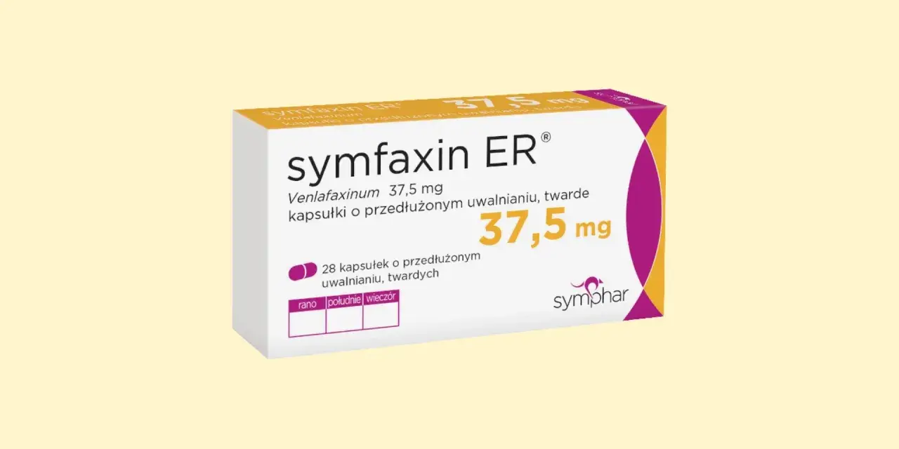 Opakowanie leku Symfaxin ER 37,5 mg, zawierające 28 kapsułek o przedłużonym uwalnianiu. To faxolet dla pacjentów.