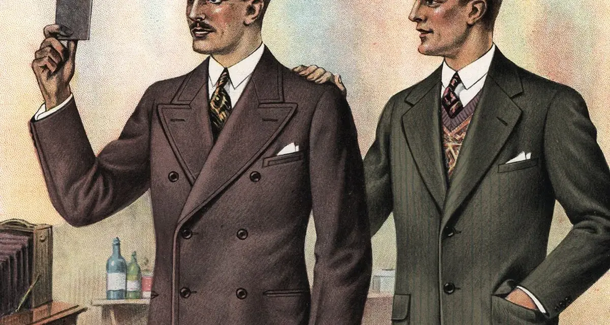Due uomini eleganti: uno con giacca monopetto, l'altro con doppiopetto, discutono di moda.