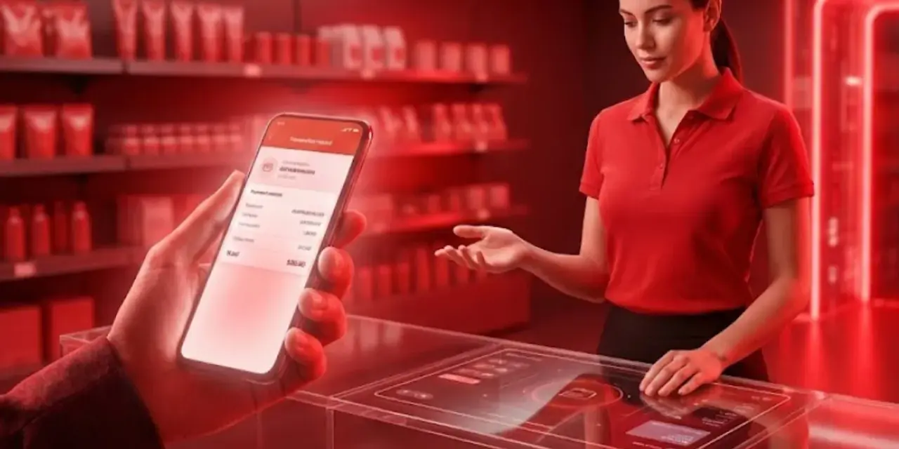Klient pokazuje telefon z aplikacją, gdzie widnieje informacja o zwrocie bez paragonu. Sprzedawczyni w sklepie z neonowym oświetleniem czeka na dalsze instrukcje.