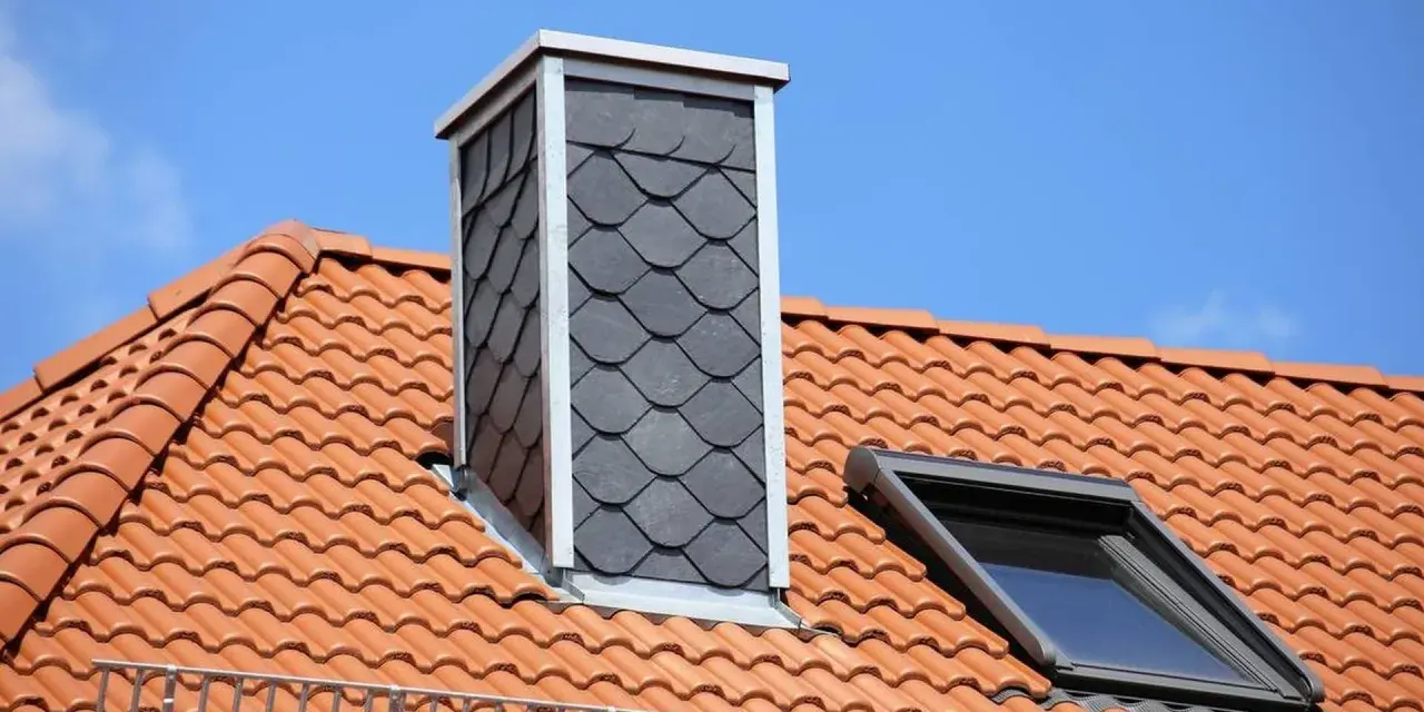 Schornstein verkleiden innen mit Schieferplatten. Dachziegel und Dachfenster sind zu sehen.