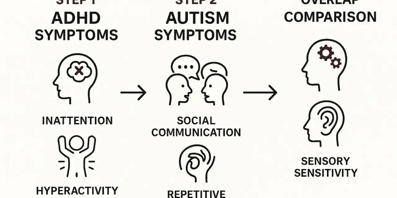 Porównanie objawów ADHD (nieuważność, nadpobudliwość) i autyzmu (komunikacja społeczna, powtarzalne zachowania) z obszarami nakładania się.
