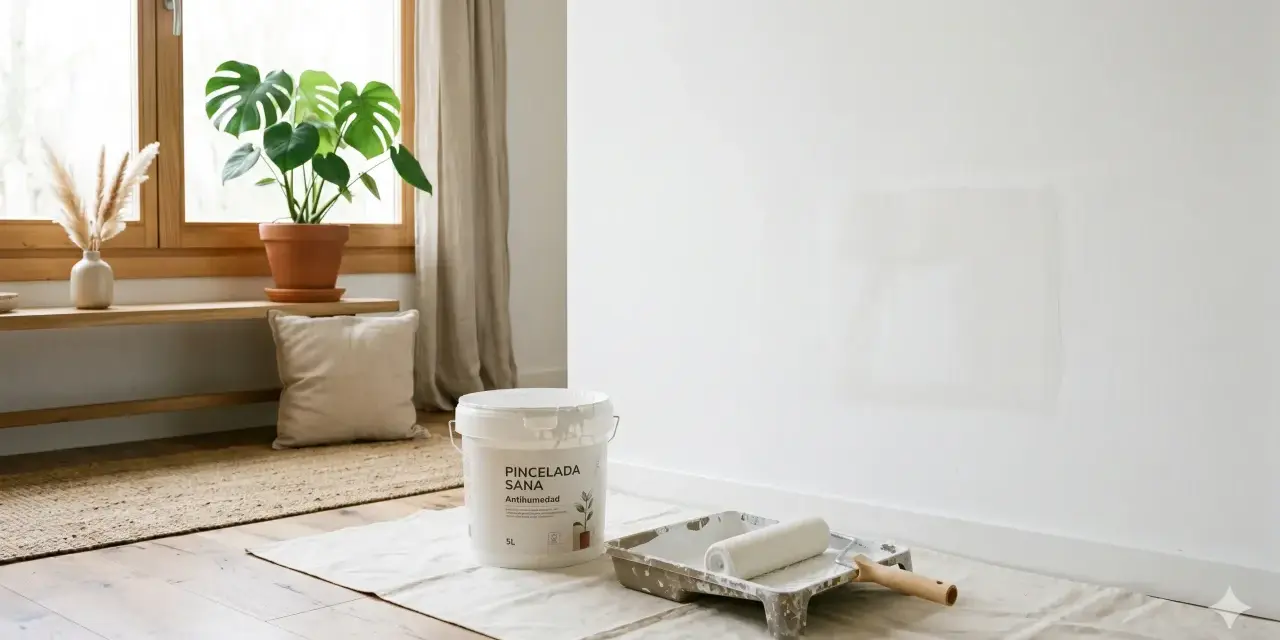 Un cubo de pintura anticondensación y un rodillo esperan para renovar la pared. ¡Se puede pintar encima de pintura anticondensación sin problema!