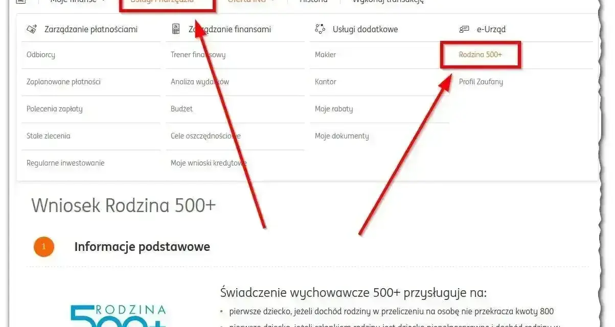 Kliknij "Usługi i narzędzia", a następnie "Rodzina 500+" aby dowiedzieć się, jak uzyskać świadczenie wspierające.
