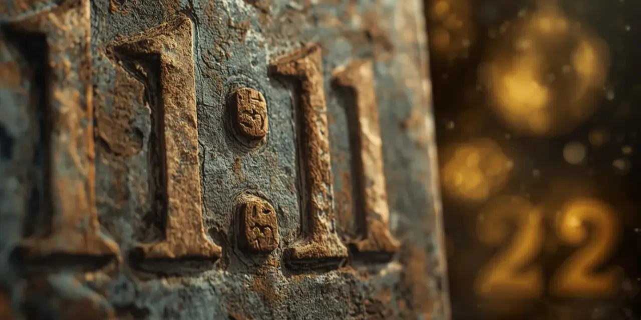 Kamień z wyrytymi cyframi 11:11. W tle złote 22. Czy to numerologiczna 11 czy 2?