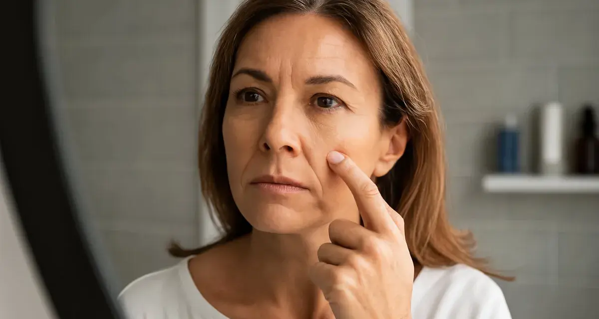 Mujer se toca la cara, preocupada por el surco nasogeniano. Busca soluciones para eliminar surco nasogeniano y rejuvenecer su piel.