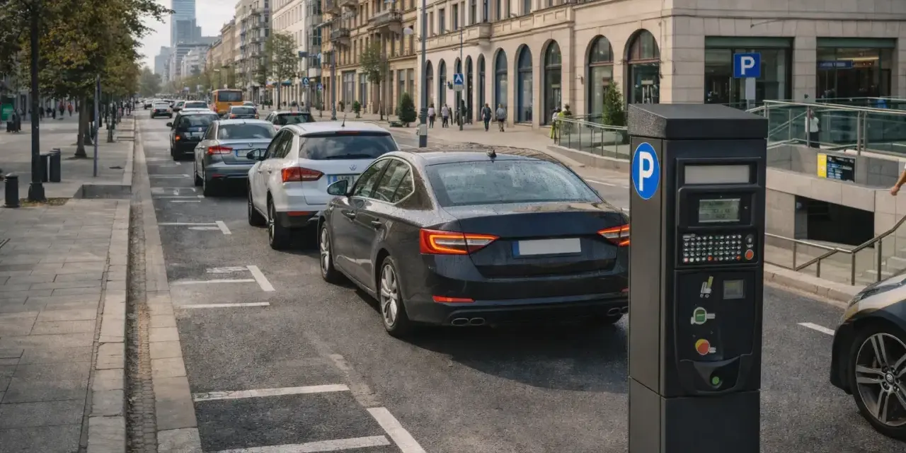 Parkomat przy ulicy, gdzie samochody czekają w kolejce. Opłata za parkowanie wynosi euro 5.