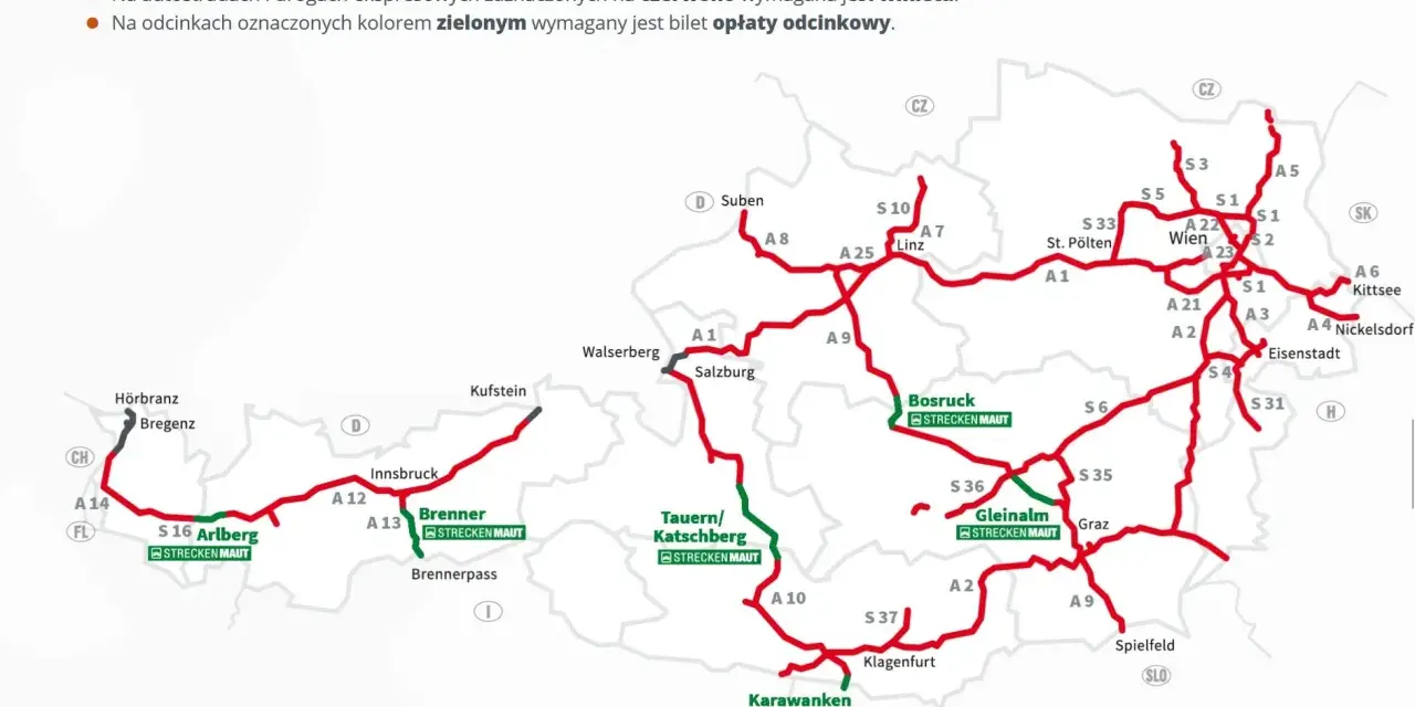 Mapa Austrii z zaznaczonymi trasami. Czerwone drogi wymagają winiety, zielone opłaty odcinkowej. Sprawdź e-winieta Austria cena przed podróżą.