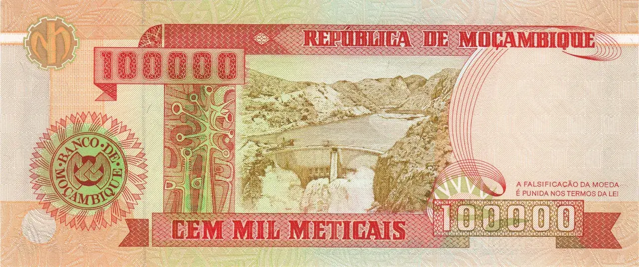 Banknot 100 000 meticali z Mozambiku. Widok na zaporę wodną i góry.