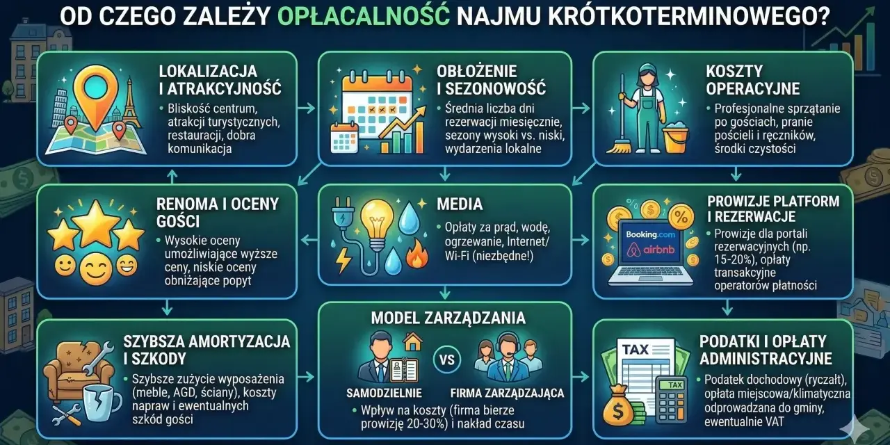 Kluczowe czynniki opłacalności inwestowania w nieruchomości: lokalizacja, obłożenie, koszty, renoma, media, prowizje, amortyzacja, model zarządzania i podatki.