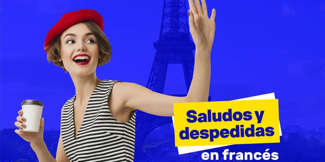 Mujer con boina roja y taza de café saluda, con la Torre Eiffel de fondo. Aprende como se dice saludos en francés.