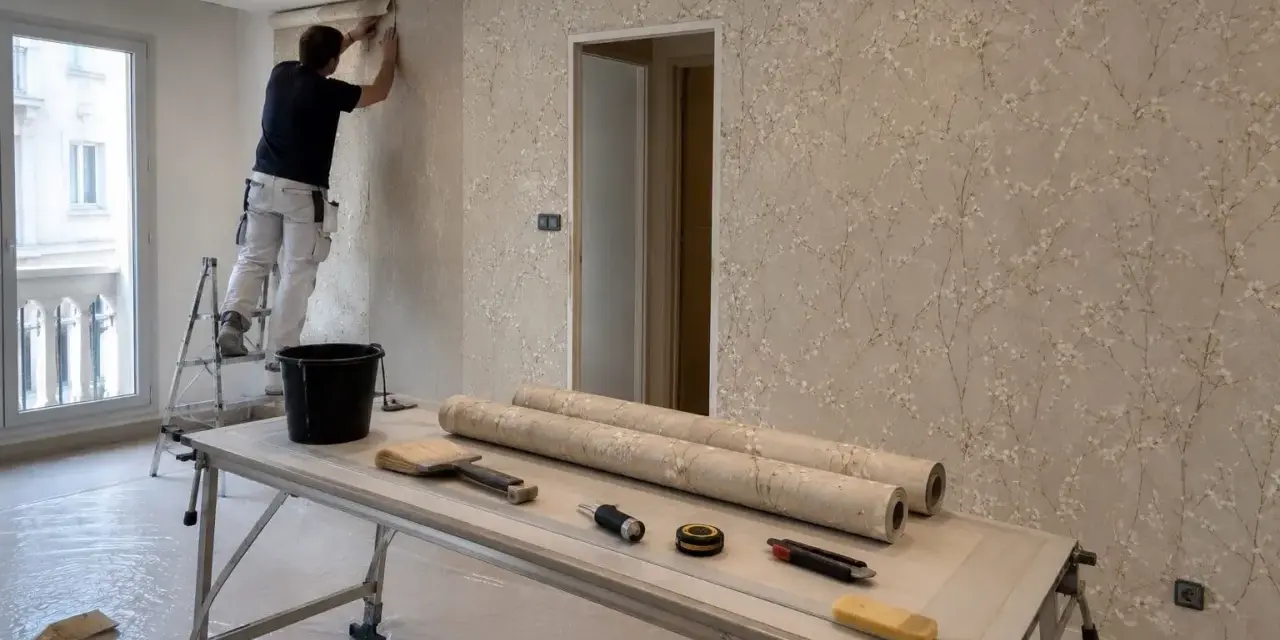 Hombre en escalera empapelando pared con diseño floral. Sobre la mesa, rollos de papel, brochas y herramientas para empapelar.
