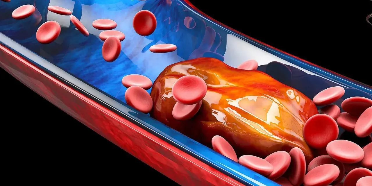 Rote Blutkörperchen umgeben einen großen Thrombus in einem Blutgefäß. Der Thrombus behindert den normalen Blutfluss und kann den Puls beeinflussen.