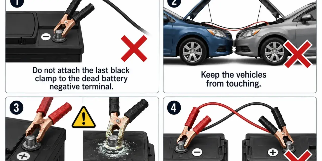 Learn which jumper cable goes on first by avoiding common mistakes: don't attach the last black clamp to the dead battery's negative terminal.