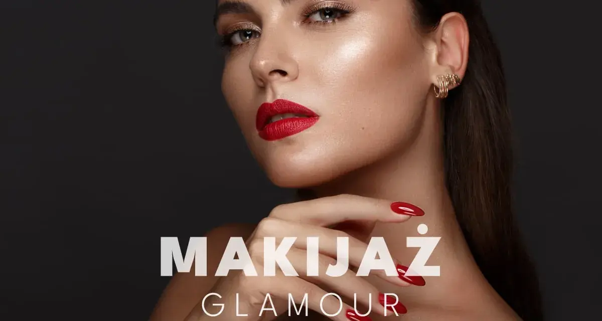 Kobieta z idealnym makijażem glamour: czerwone usta, złote cienie do powiek i perfekcyjnie pomalowane paznokcie.