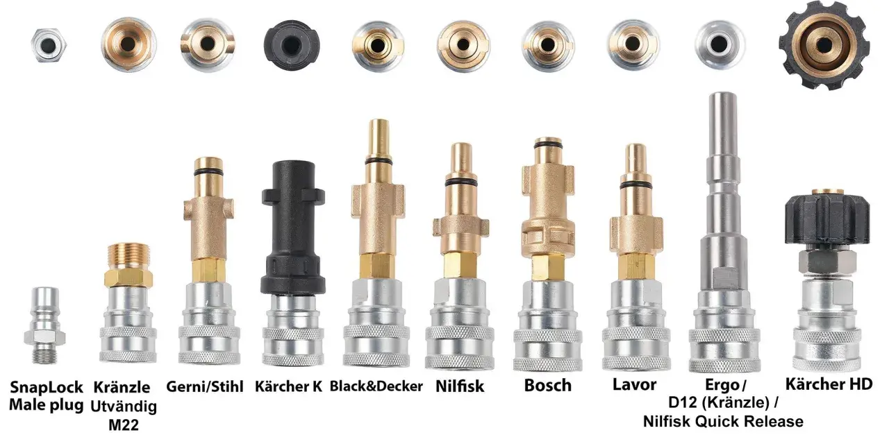 En samling snabbkopplingar för högtryckstvättar, inklusive SnapLock, Kränzle, Gerni/Stihl, Kärcher, Bosch, Lavor och Nilfisk. Perfekt för att undvika en skumlans som inte passar.
