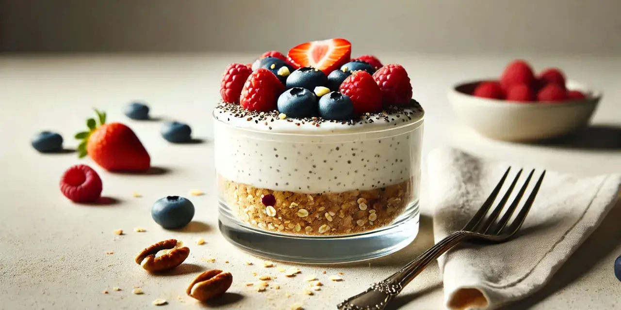 Ein Glas mit einem Schichtdessert, das wie ein **high protein cheesecake** aussieht, garniert mit Beeren und Nüssen.