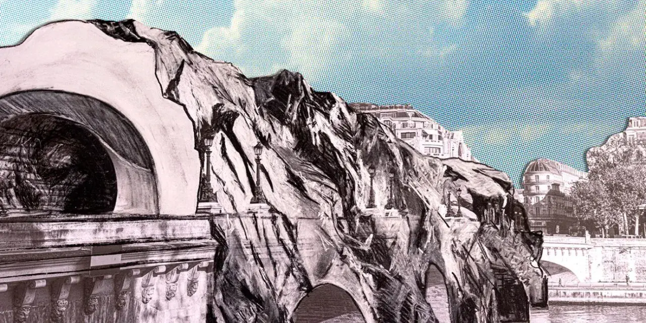 Le Pont Neuf, une œuvre d'art surréaliste, se dresse au-dessus de la Seine, ses arches rocheuses défiant la gravité sous un ciel bleu pointillé.