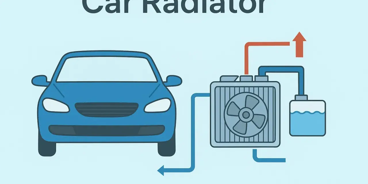 Diagram showing a blue car connected to a car radiator with a fan and coolant reservoir, illustrating how a radiator cools the engine.
