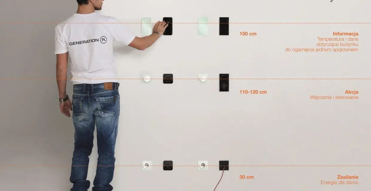 Mężczyzna pokazuje na ścianie idealne miejsca na włączniki i gniazda: 150 cm dla informacji, 110-120 cm dla akcji, 30 cm dla zasilania.