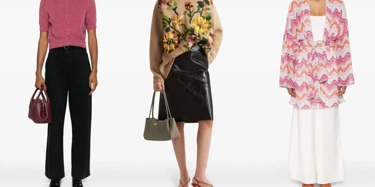 Moda anni '50: cardigan rosa, maglione floreale con gonna in pelle, abito a fantasia zig-zag.
