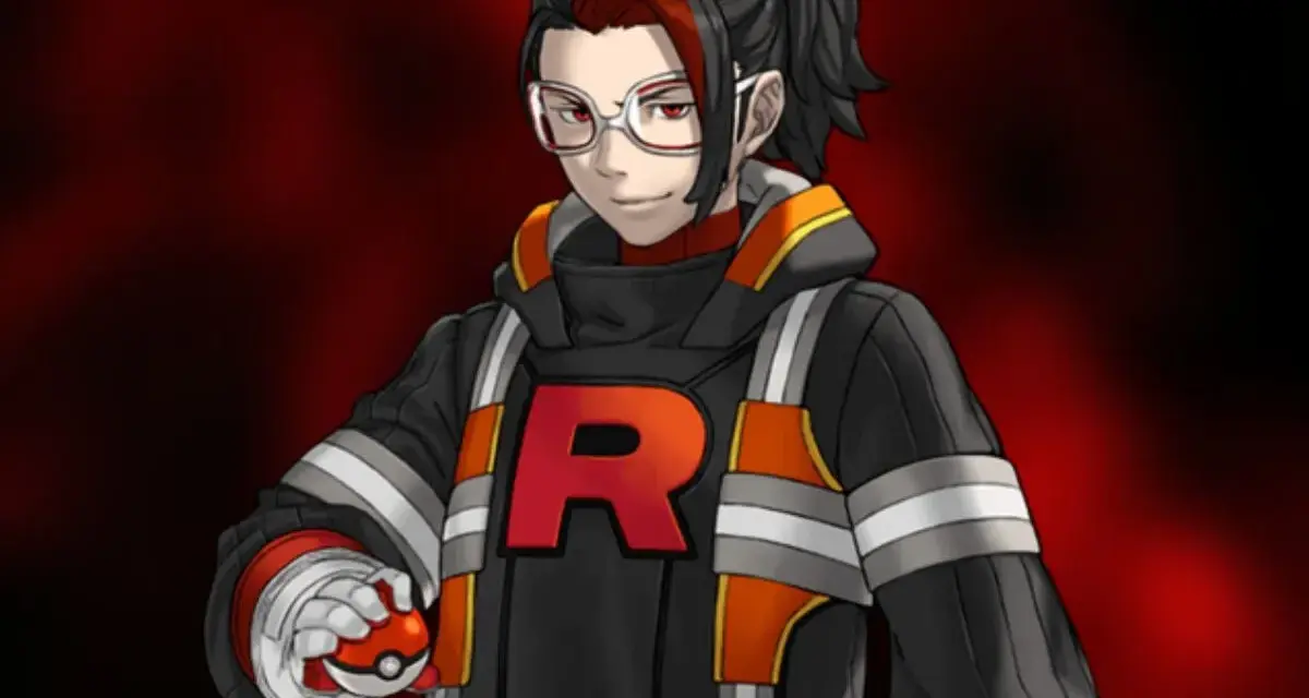 Líder Arlo de Pokémon GO, con su icónica chaqueta del Team Rocket y una Poké Ball en mano, listo para la batalla.