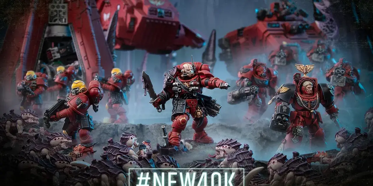 Guerrieri corazzati rossi affrontano creature aliene in una scena epica del **warhammer gioco da tavolo**. #NEW40K.