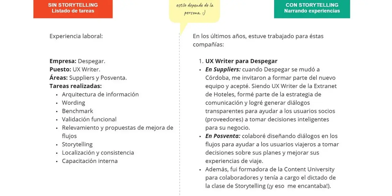Ejemplos de cómo contar la historia de mi vida: lado izquierdo lista tareas, lado derecho narra experiencias de UX Writer en Despegar.