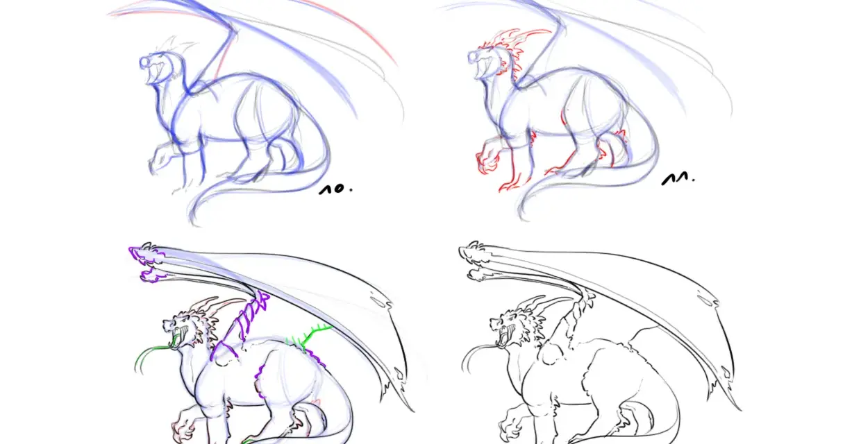 Étapes d'un dragon dessin réaliste, du croquis initial à la ligne claire.