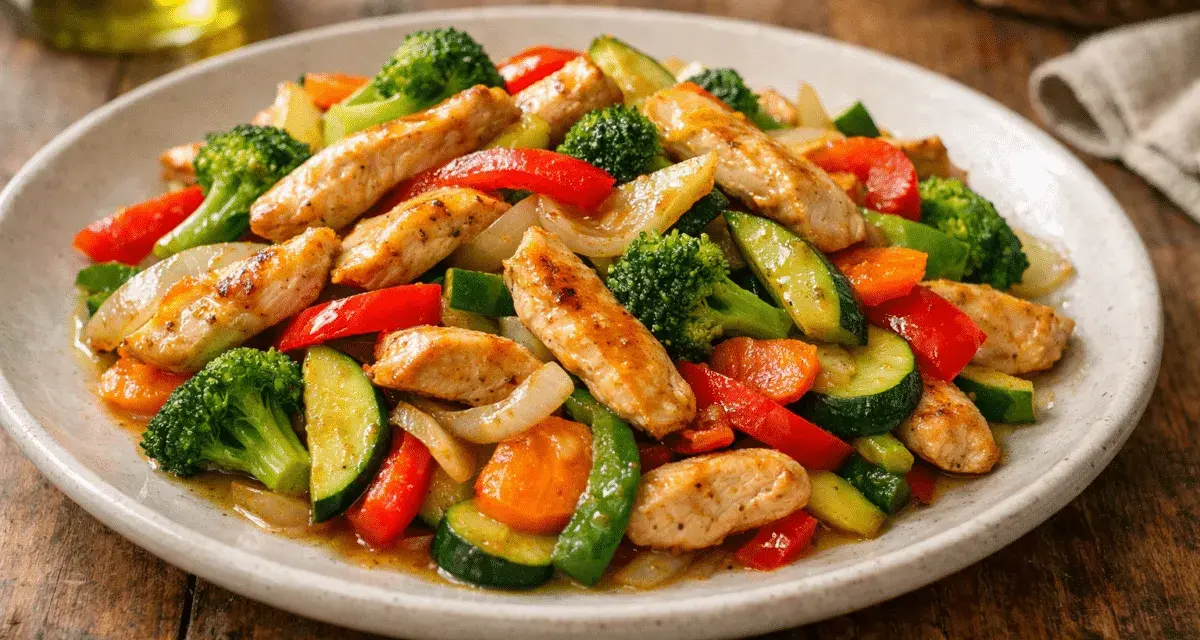 Salteado de pollo con verduras: trozos de pollo dorado con brócoli, pimientos rojos, calabacín y zanahoria.