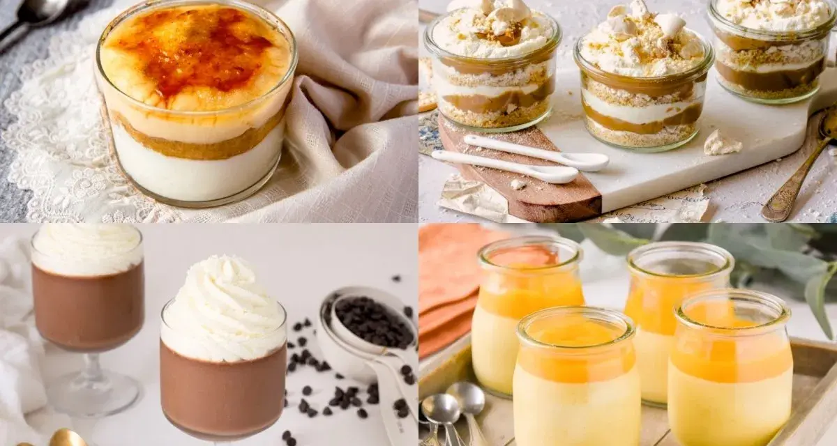 Collage de 4 postres en vasito: crema quemada, capas de galleta y dulce de leche, chocolate con crema y postre de mango.