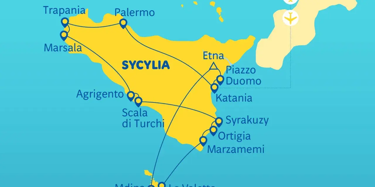 Mapa pokazuje trasy promowe między Maltą a Sycylią, z zaznaczonymi miastami jak Palermo, Katania i La Valletta.