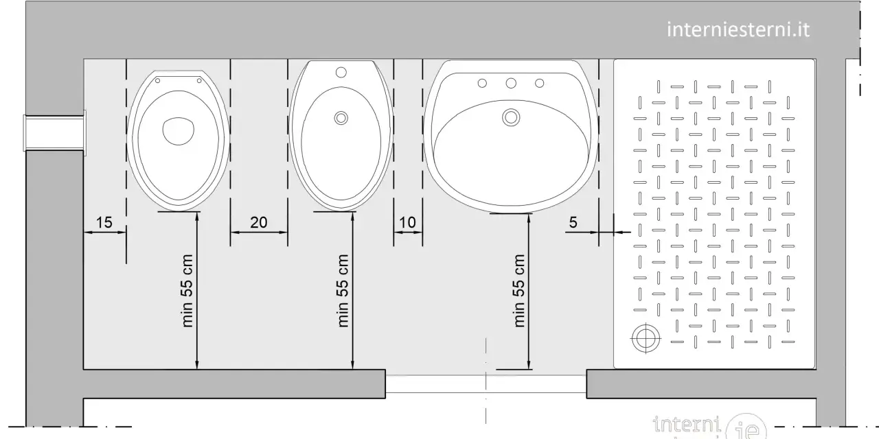 Schema con WC, bidet, lavabo e piatto doccia. Indica le dimensioni minime bagno per un corretto posizionamento.