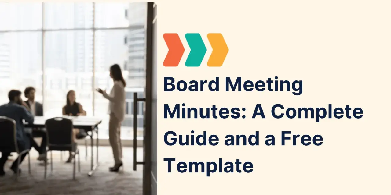 Blurred image of a board meeting with text "Board Meeting Minutes: A Complete Guide and a Free Template".