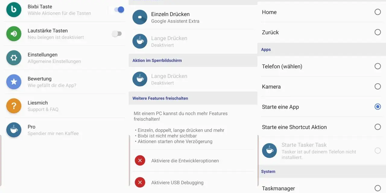 BxActions-App: Bixbi Taste für Samsung Assistant konfigurieren. Wähle Aktionen für Einzel- und Langdruck.