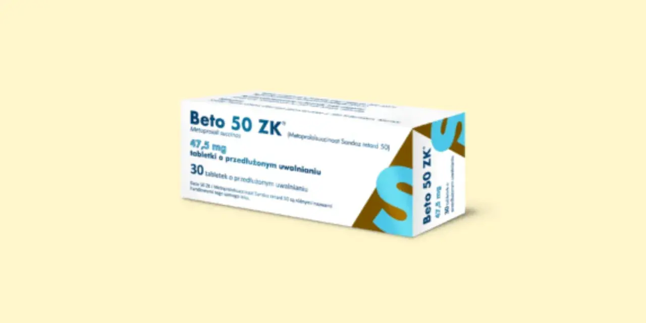 Opakowanie leku Beto 50 ZK, zawierające 30 tabletek o przedłużonym uwalnianiu metoprololu.