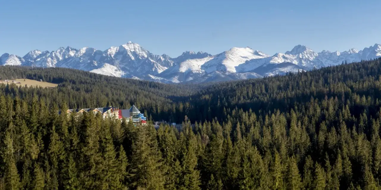 Widok na Tatry z lasem i kompleksem basenów. Szukasz odpowiedzi, jak dojechać do Bukowiny Tatrzańskiej?