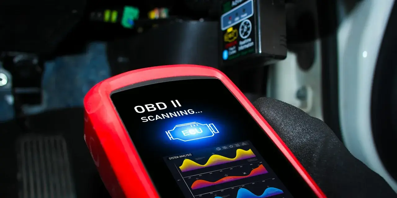 Un tecnico usa uno scanner OBD II per analizzare i dati dell'ECU dell'auto, mostrando grafici di sistema.